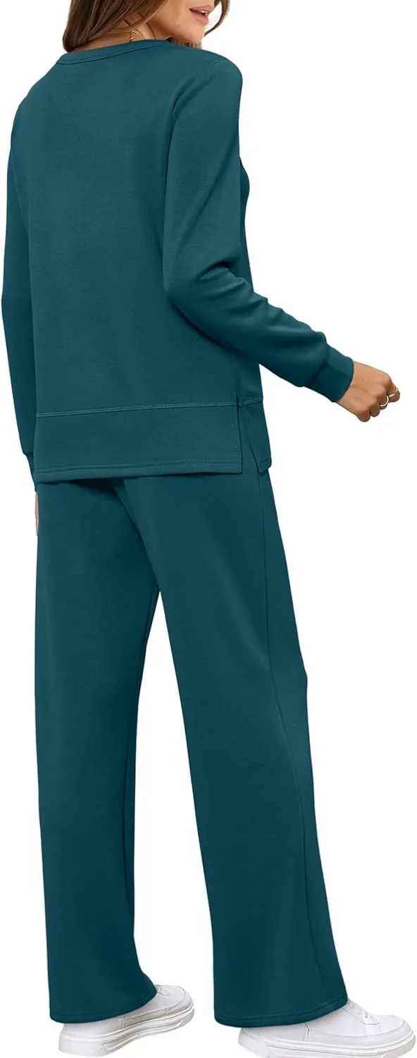 WIHOLL Women's 2 Piece Lounge Sets Sweatshirt Casual Travel Outfits Fashion Wide Leg Tracksuit Cozy Sweatsuits
