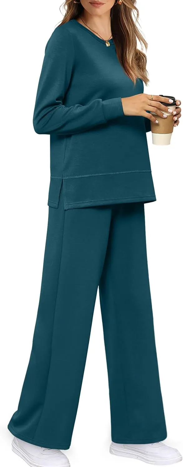 WIHOLL Women's 2 Piece Lounge Sets Sweatshirt Casual Travel Outfits Fashion Wide Leg Tracksuit Cozy Sweatsuits