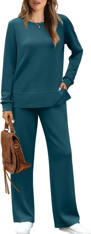 WIHOLL Women's 2 Piece Lounge Sets Sweatshirt Casual Travel Outfits Fashion Wide Leg Tracksuit Cozy Sweatsuits