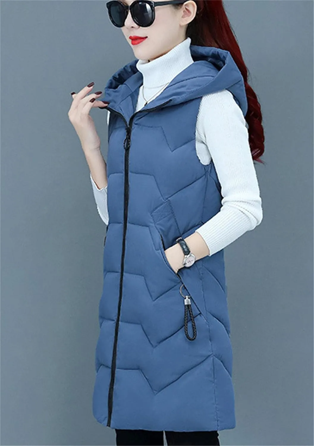 WIWIQS Women's Winter Sleeveless Hoodies Vest Solid Color Slim Fit Warm Coat with Pockets