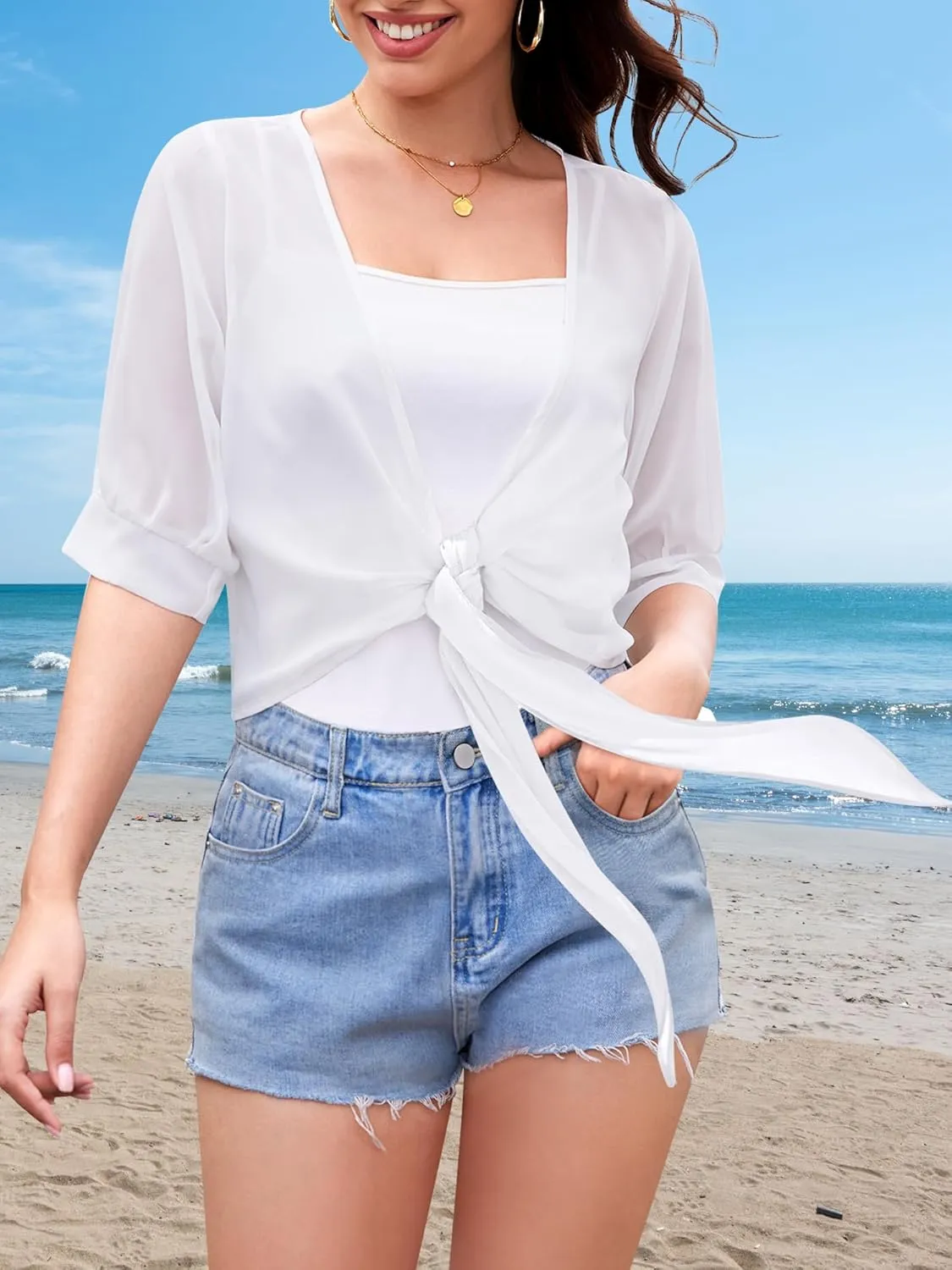 Women Shrug Cardigans Soft Chiffon Summer Tops 3/4 Sleeve Lightweight Cropped Cardigan Tie Front Bolero for Dresses