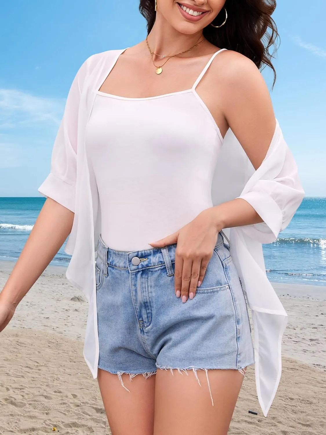 Women Shrug Cardigans Soft Chiffon Summer Tops 3/4 Sleeve Lightweight Cropped Cardigan Tie Front Bolero for Dresses