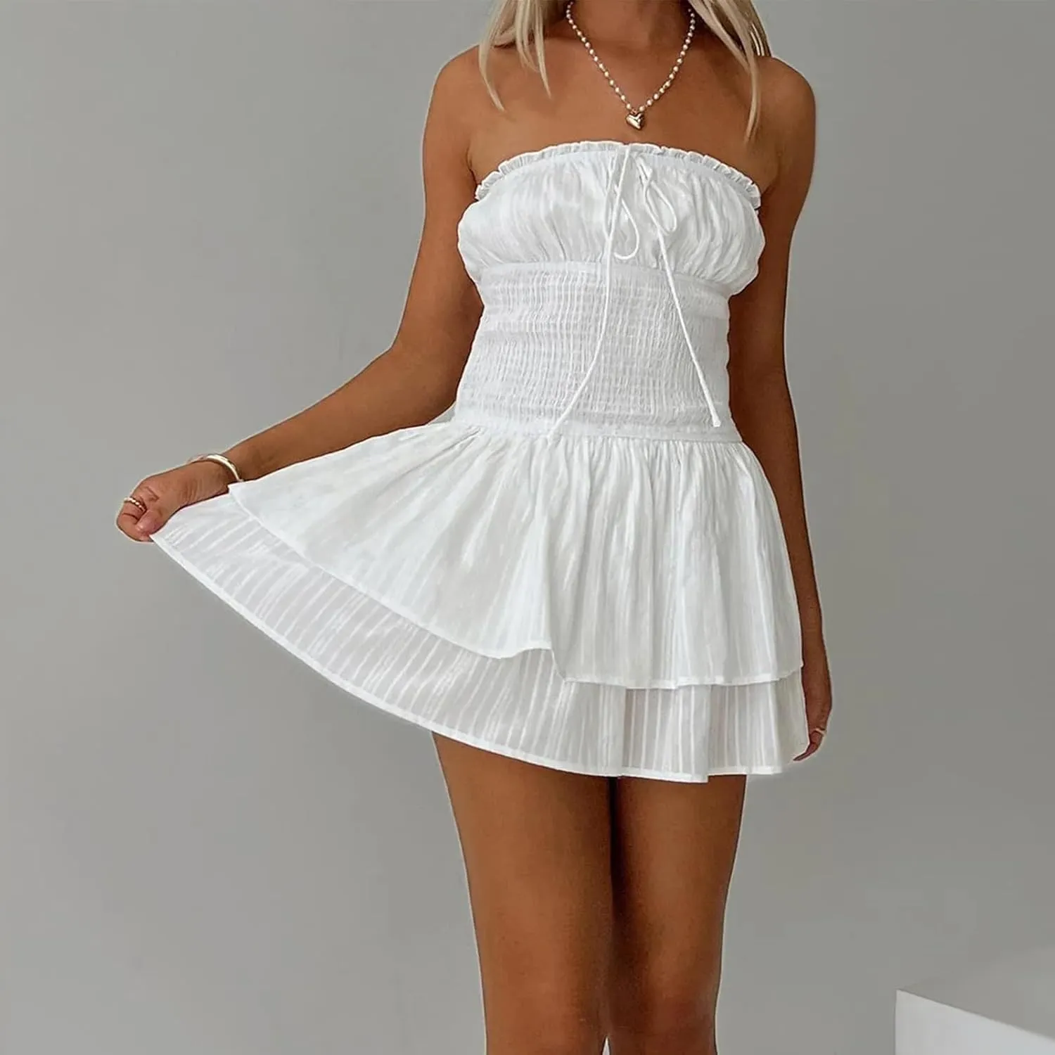 Women Strapless Mini Dress Floral Print Tie-Up Front Tube Flowy Ruffle Backless Casual Beach Short Sun Dress
