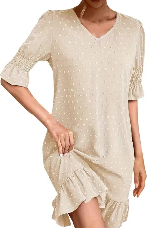 Women Swiss Polka Dots Dress V Neck Ruffle Short Sleeve Mini Dresses Summer Casual Fashion Loose Swing Boho Dress