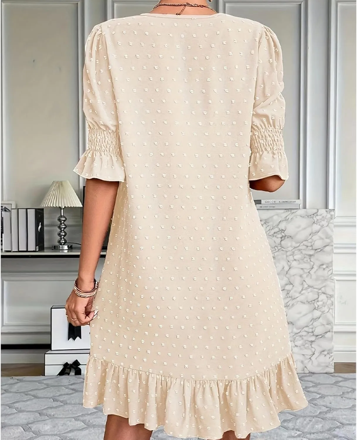 Women Swiss Polka Dots Dress V Neck Ruffle Short Sleeve Mini Dresses Summer Casual Fashion Loose Swing Boho Dress