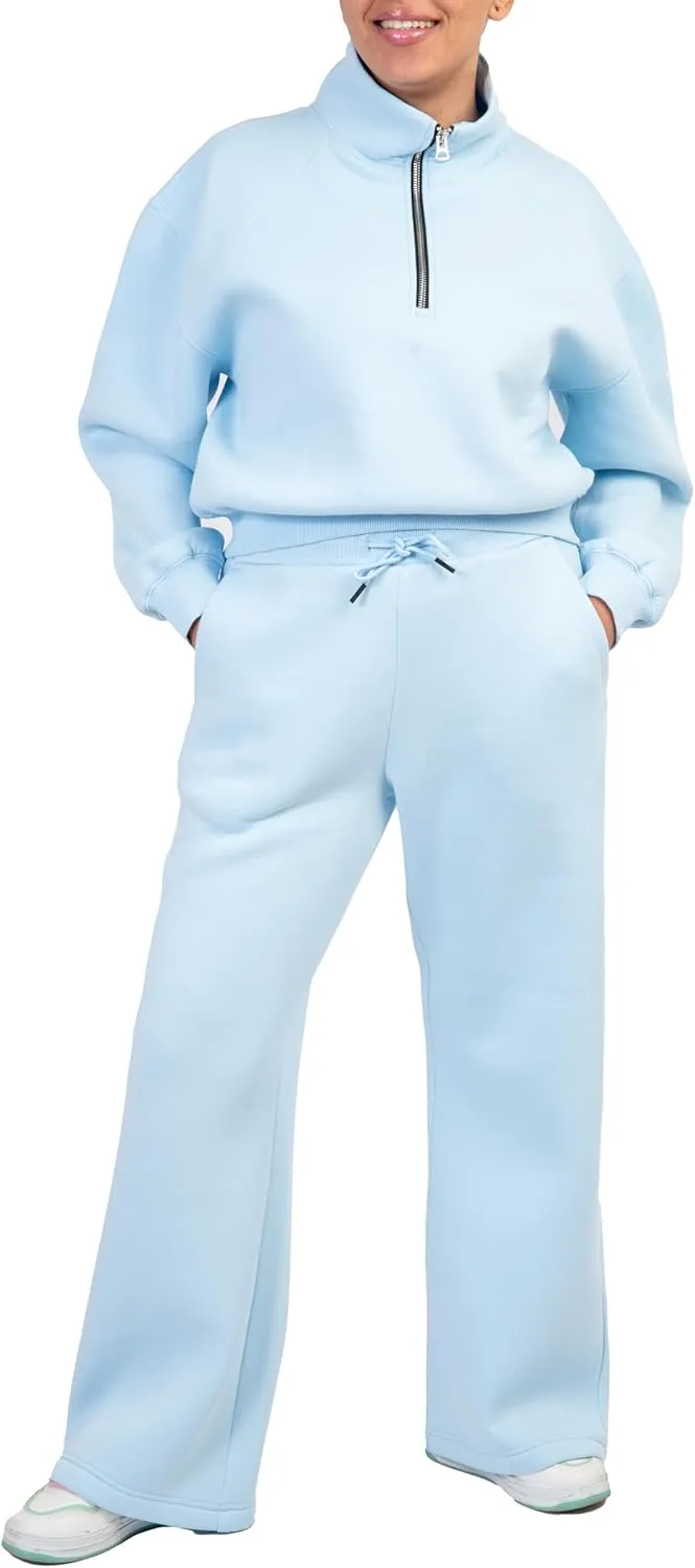 Women's 2-Piece Long Sleeve Sweatsuit Set Half-Zip Sweatshirt & Wide-Leg pants, Cozy Matching.