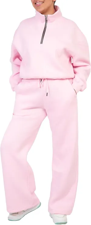 Women's 2-Piece Long Sleeve Sweatsuit Set Half-Zip Sweatshirt & Wide-Leg pants, Cozy Matching.