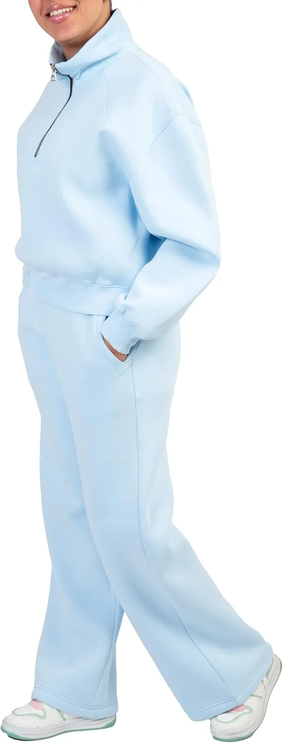 Women's 2-Piece Long Sleeve Sweatsuit Set Half-Zip Sweatshirt & Wide-Leg pants, Cozy Matching.