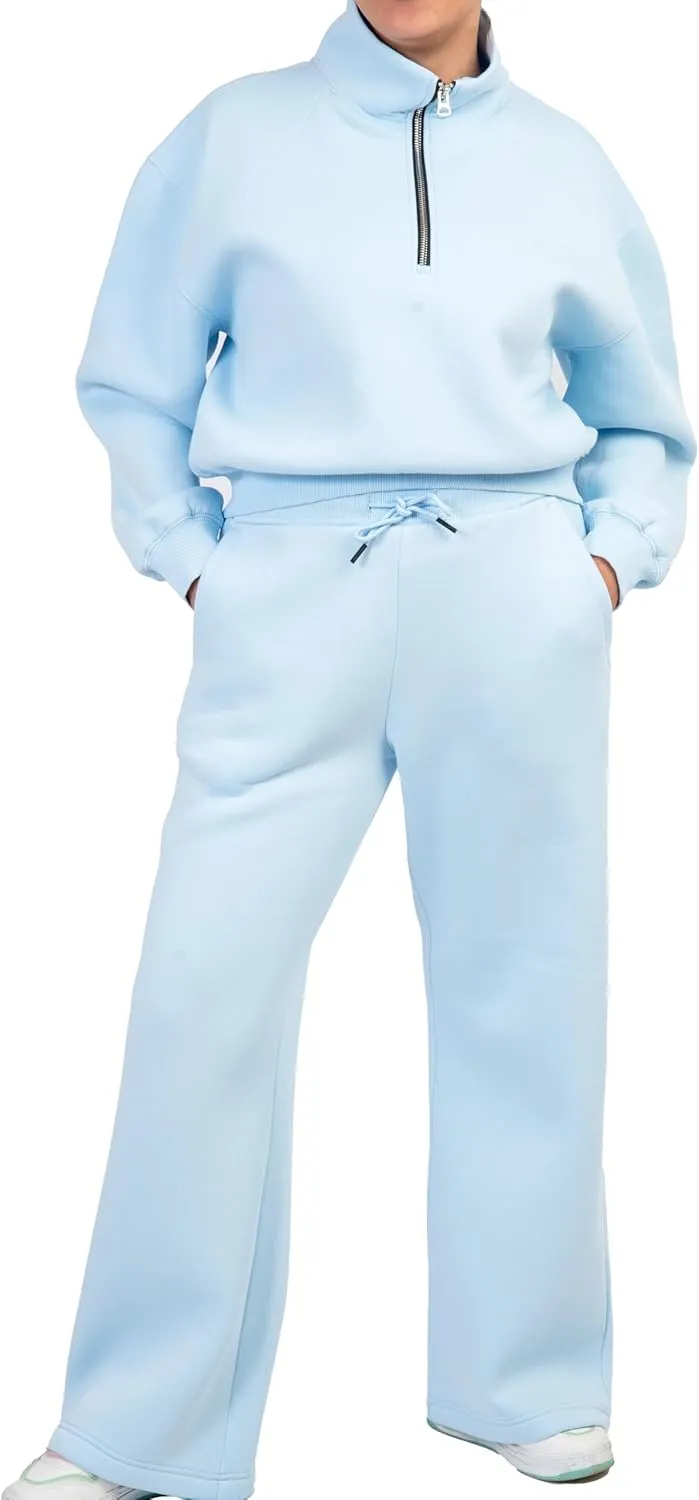 Women's 2-Piece Long Sleeve Sweatsuit Set Half-Zip Sweatshirt & Wide-Leg pants, Cozy Matching.