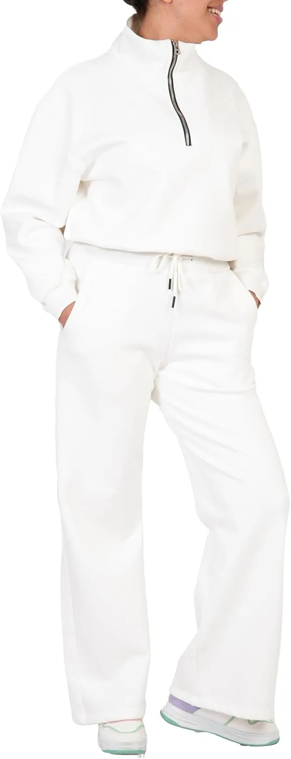 Women's 2-Piece Long Sleeve Sweatsuit Set Half-Zip Sweatshirt & Wide-Leg pants, Cozy Matching.