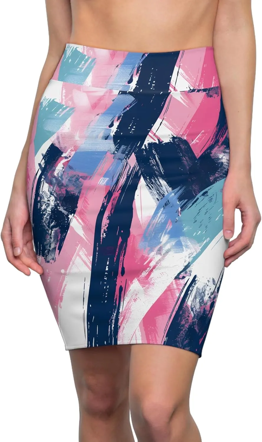 Women's Abstract Art Pencil Skirt  Bold Brushstroke Pattern  Mid-Waist  Comfortable Fit