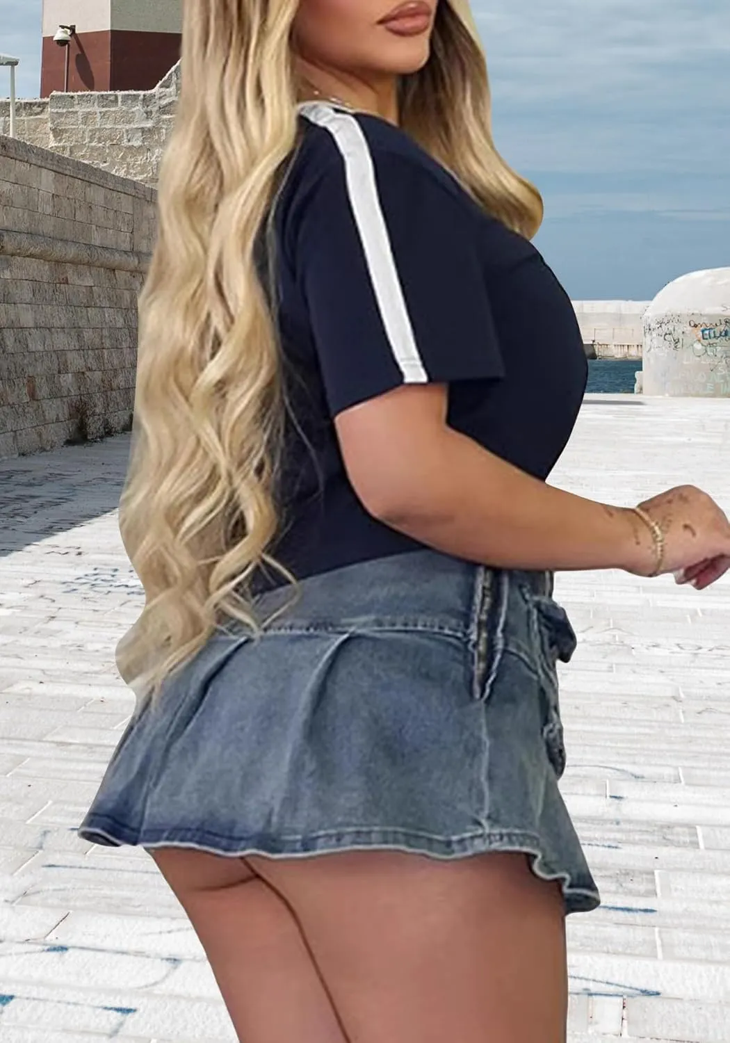Womens Cargo Jean Mini Skirt High Waisted Stretch Skirts Denim Pleated Skirt with Pockets