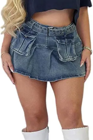 Womens Cargo Jean Mini Skirt High Waisted Stretch Skirts Denim Pleated Skirt with Pockets