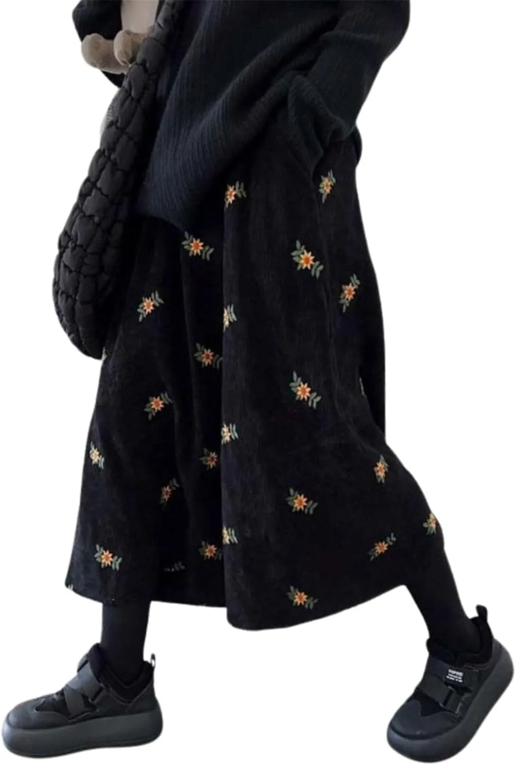 Womens Corduroy Floral Embroidery Long Skirts, Stretchy High Waist Pleated A-Line Swing Midi Skirt with Pockets