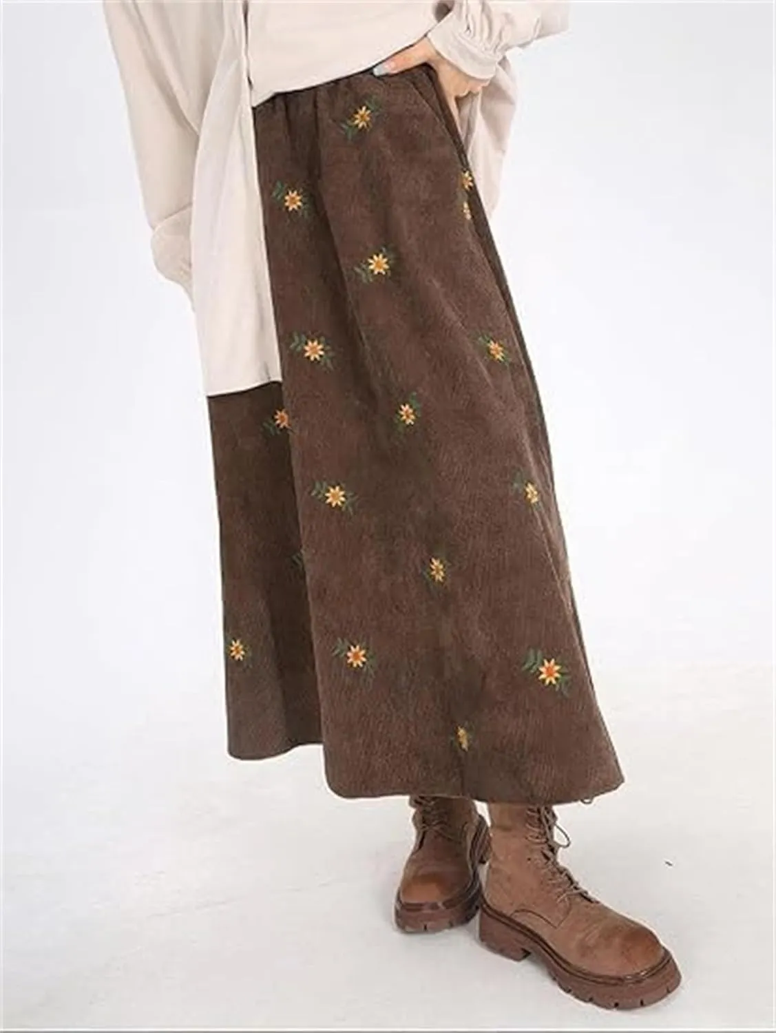 Womens Corduroy Floral Embroidery Long Skirts, Stretchy High Waist Pleated A-Line Swing Midi Skirt with Pockets