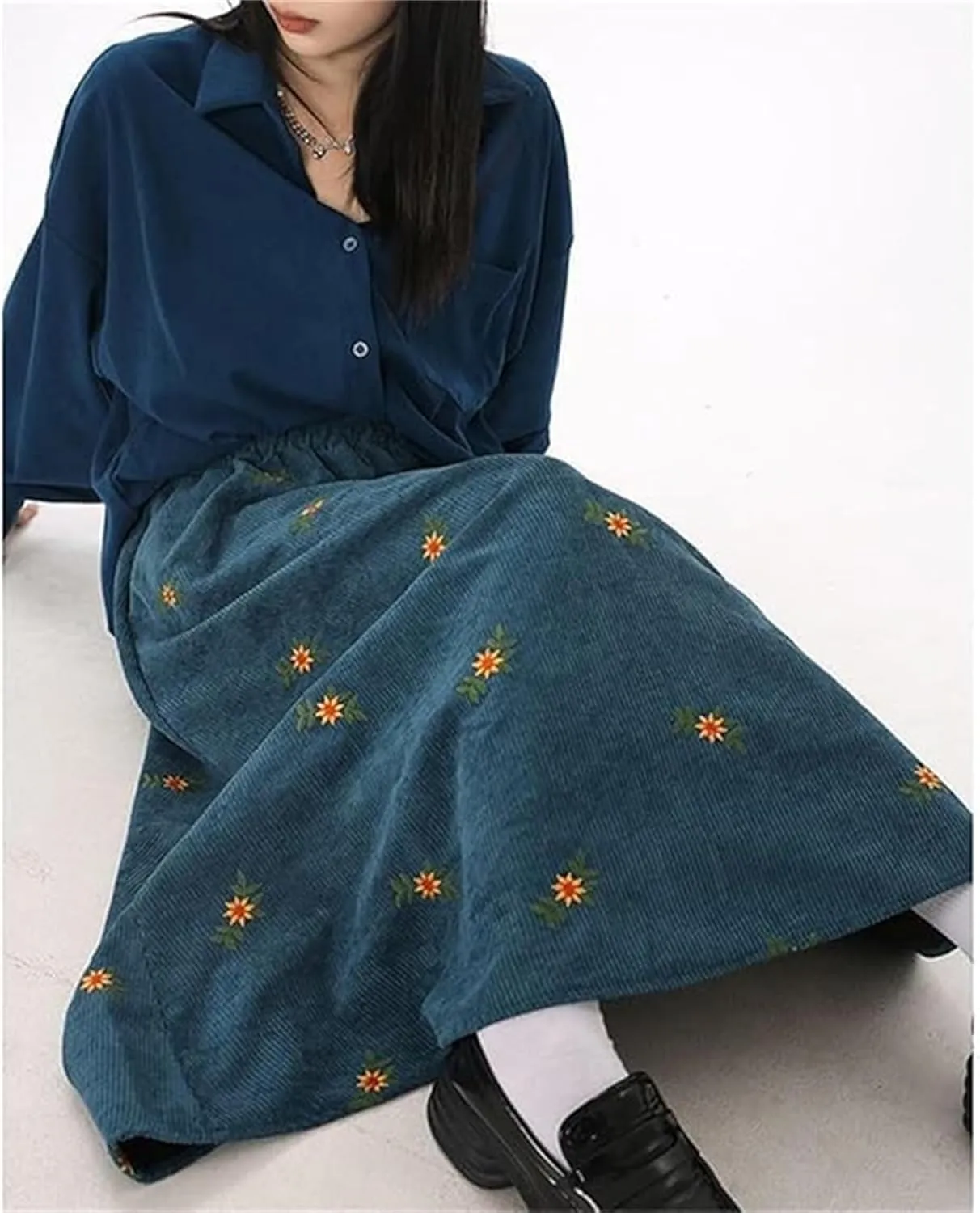 Womens Corduroy Floral Embroidery Long Skirts, Stretchy High Waist Pleated A-Line Swing Midi Skirt with Pockets