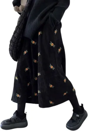 Womens Corduroy Floral Embroidery Long Skirts, Stretchy High Waist Pleated A-Line Swing Midi Skirt with Pockets