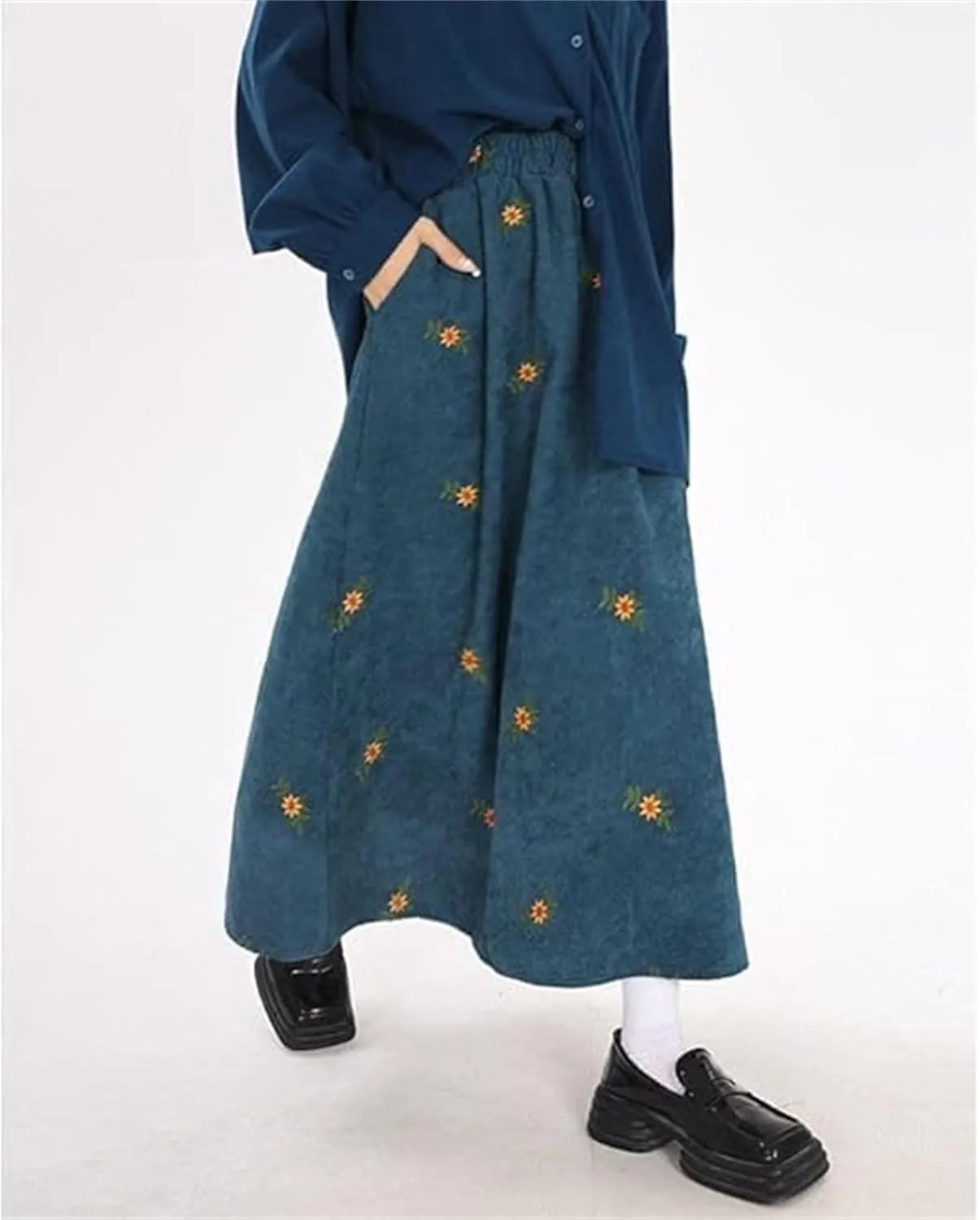 Womens Corduroy Floral Embroidery Long Skirts, Stretchy High Waist Pleated A-Line Swing Midi Skirt with Pockets