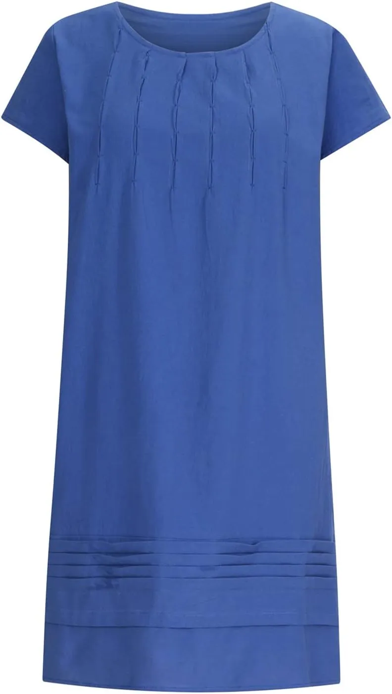 Women's Cotton Linen Midi Dress Plus Size Cap Sleeve Pleated Summer Dresses Vacation Crew Neck Casual Dress