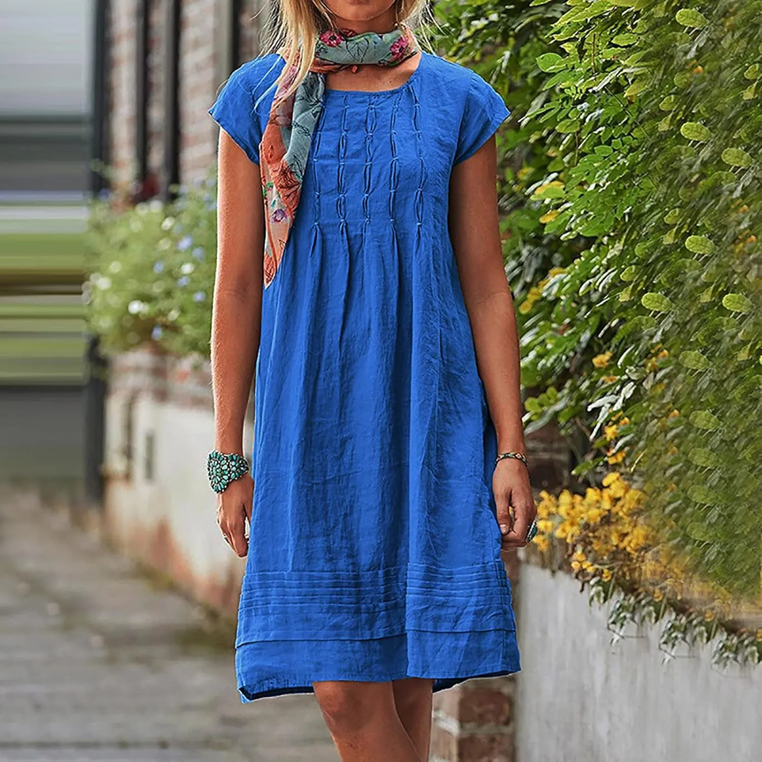 Women's Cotton Linen Midi Dress Plus Size Cap Sleeve Pleated Summer Dresses Vacation Crew Neck Casual Dress