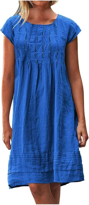Women's Cotton Linen Midi Dress Plus Size Cap Sleeve Pleated Summer Dresses Vacation Crew Neck Casual Dress