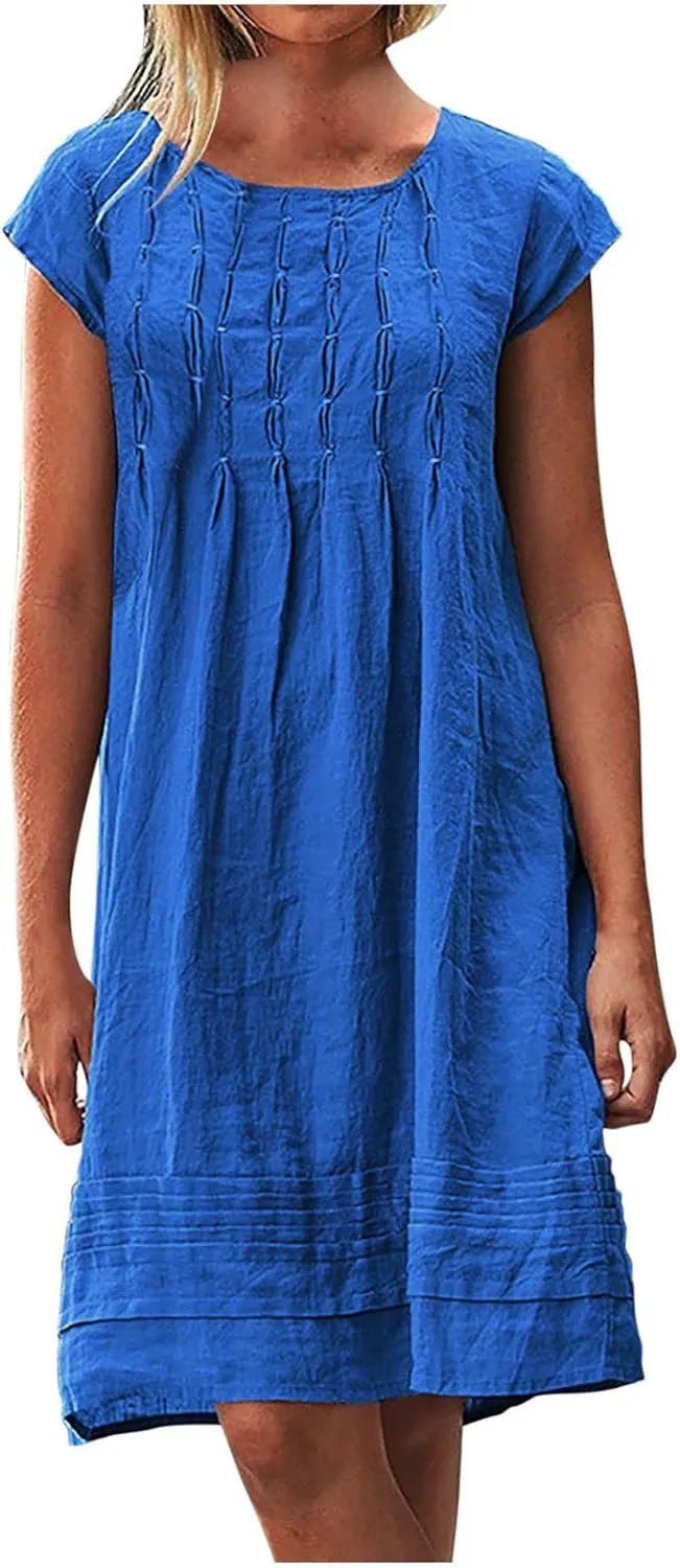 Women's Cotton Linen Midi Dress Plus Size Cap Sleeve Pleated Summer Dresses Vacation Crew Neck Casual Dress