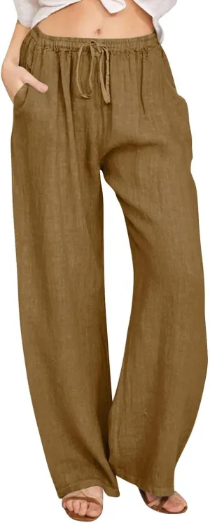 Women's Cotton Linen Pants Summer Wide Leg Casual Loose Drawstring High Waist Palazzo Pants Trousers with Pockets
