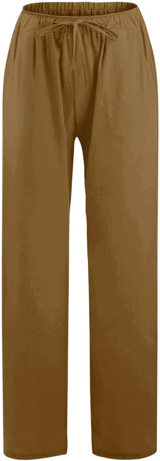 Women's Cotton Linen Pants Summer Wide Leg Casual Loose Drawstring High Waist Palazzo Pants Trousers with Pockets