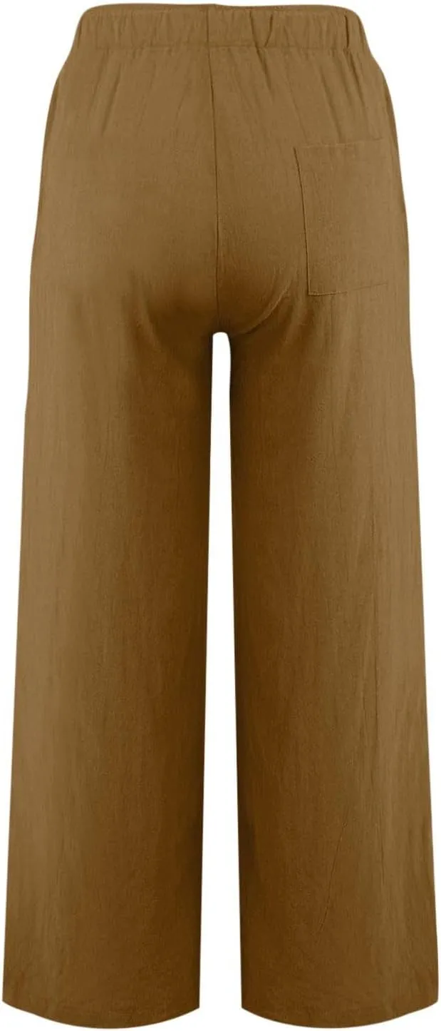 Women's Cotton Linen Pants Summer Wide Leg Casual Loose Drawstring High Waist Palazzo Pants Trousers with Pockets