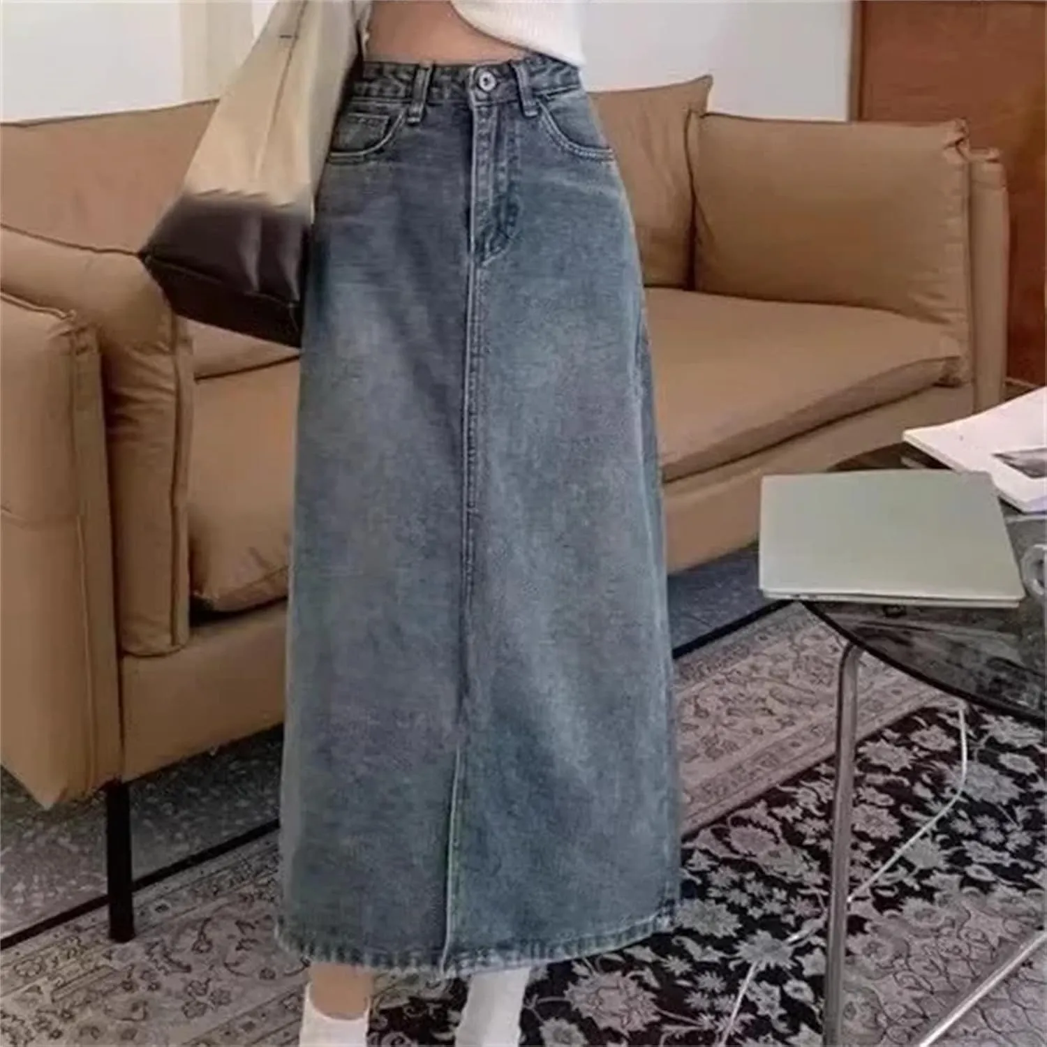 Women's Denim Long Dress  High-Waisted A-Line Skirt Side Slit Thin Casual Summer Skirt Elastic Waist with Pockets