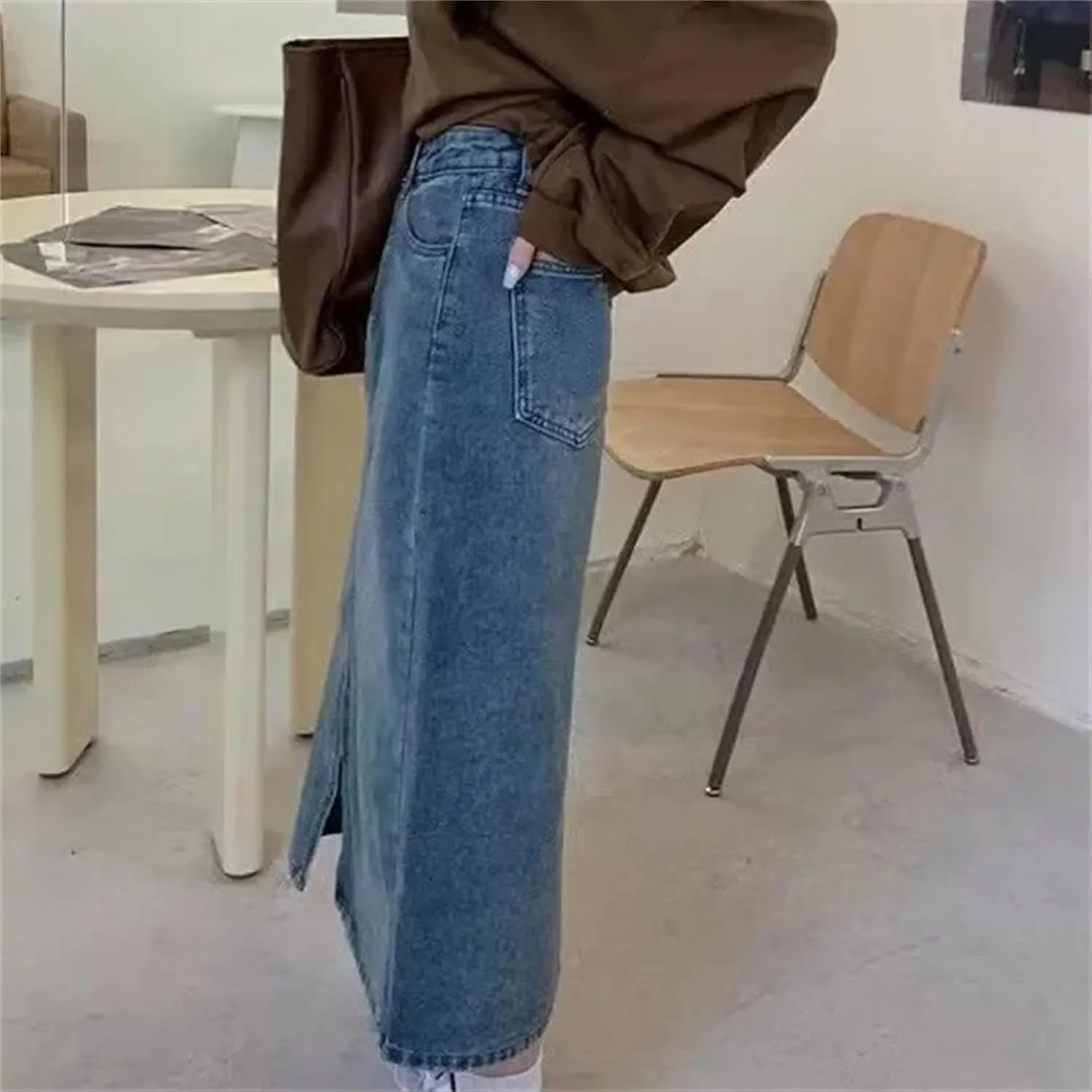 Women's Denim Long Dress  High-Waisted A-Line Skirt Side Slit Thin Casual Summer Skirt Elastic Waist with Pockets