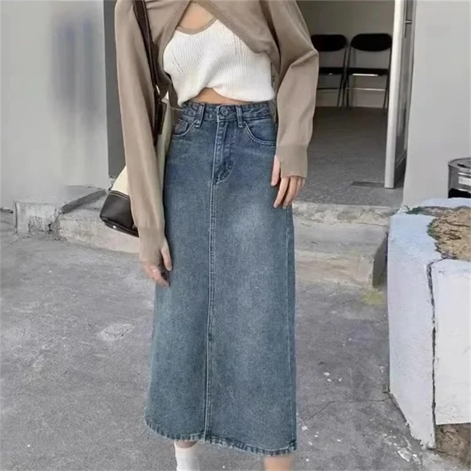 Women's Denim Long Dress  High-Waisted A-Line Skirt Side Slit Thin Casual Summer Skirt Elastic Waist with Pockets