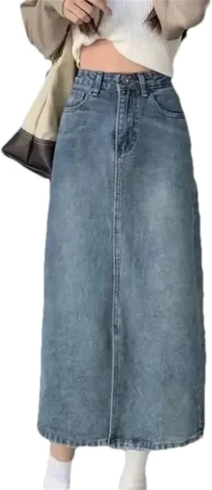 Women's Denim Long Dress  High-Waisted A-Line Skirt Side Slit Thin Casual Summer Skirt Elastic Waist with Pockets
