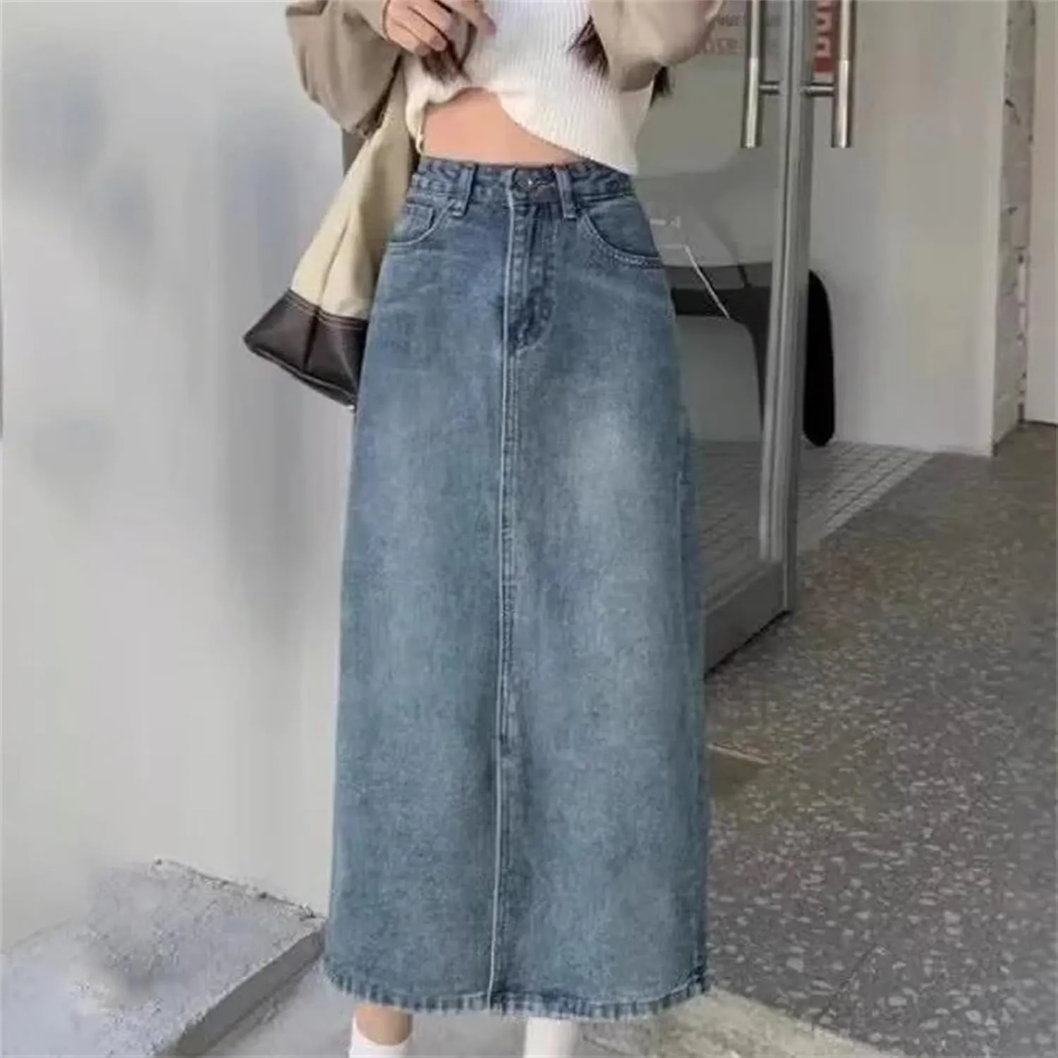 Women's Denim Long Dress  High-Waisted A-Line Skirt Side Slit Thin Casual Summer Skirt Elastic Waist with Pockets