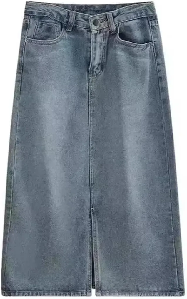 Women's Denim Long Dress  High-Waisted A-Line Skirt Side Slit Thin Casual Summer Skirt Elastic Waist with Pockets