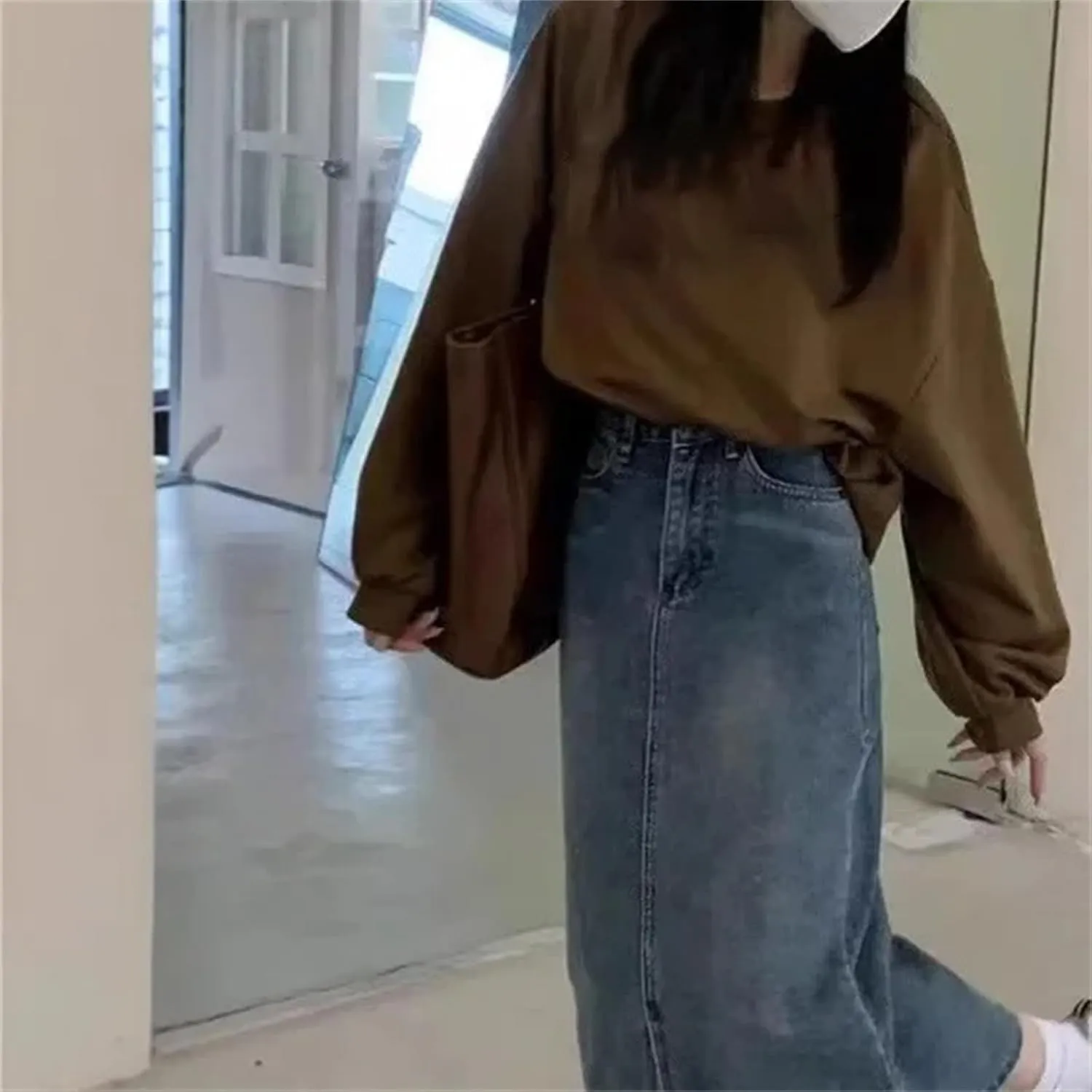 Women's Denim Long Dress  High-Waisted A-Line Skirt Side Slit Thin Casual Summer Skirt Elastic Waist with Pockets
