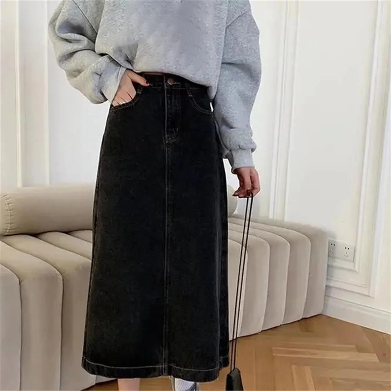 Women's Denim Skirt  High-Waisted Slimming A-Line Medium-Length Summer Fashion Work Dress with Pockets