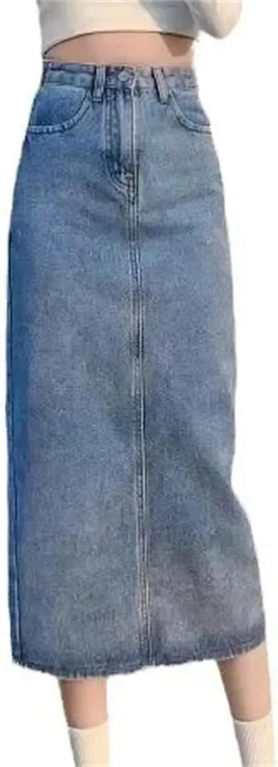 Women's Denim Skirt  High-Waisted Slimming A-Line Medium-Length Summer Fashion Work Dress with Pockets