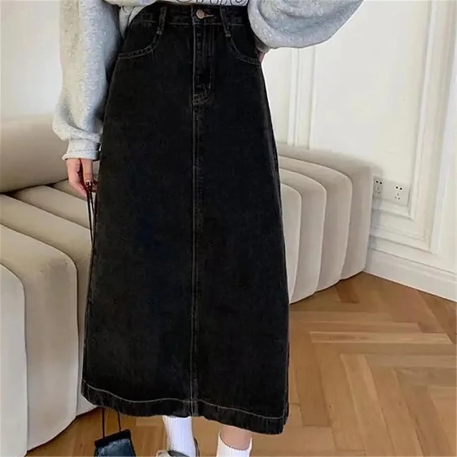 Women's Denim Skirt  High-Waisted Slimming A-Line Medium-Length Summer Fashion Work Dress with Pockets