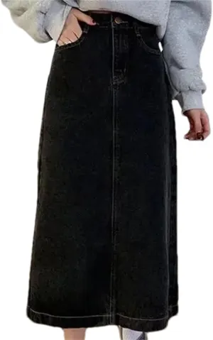 Women's Denim Skirt  High-Waisted Slimming A-Line Medium-Length Summer Fashion Work Dress with Pockets