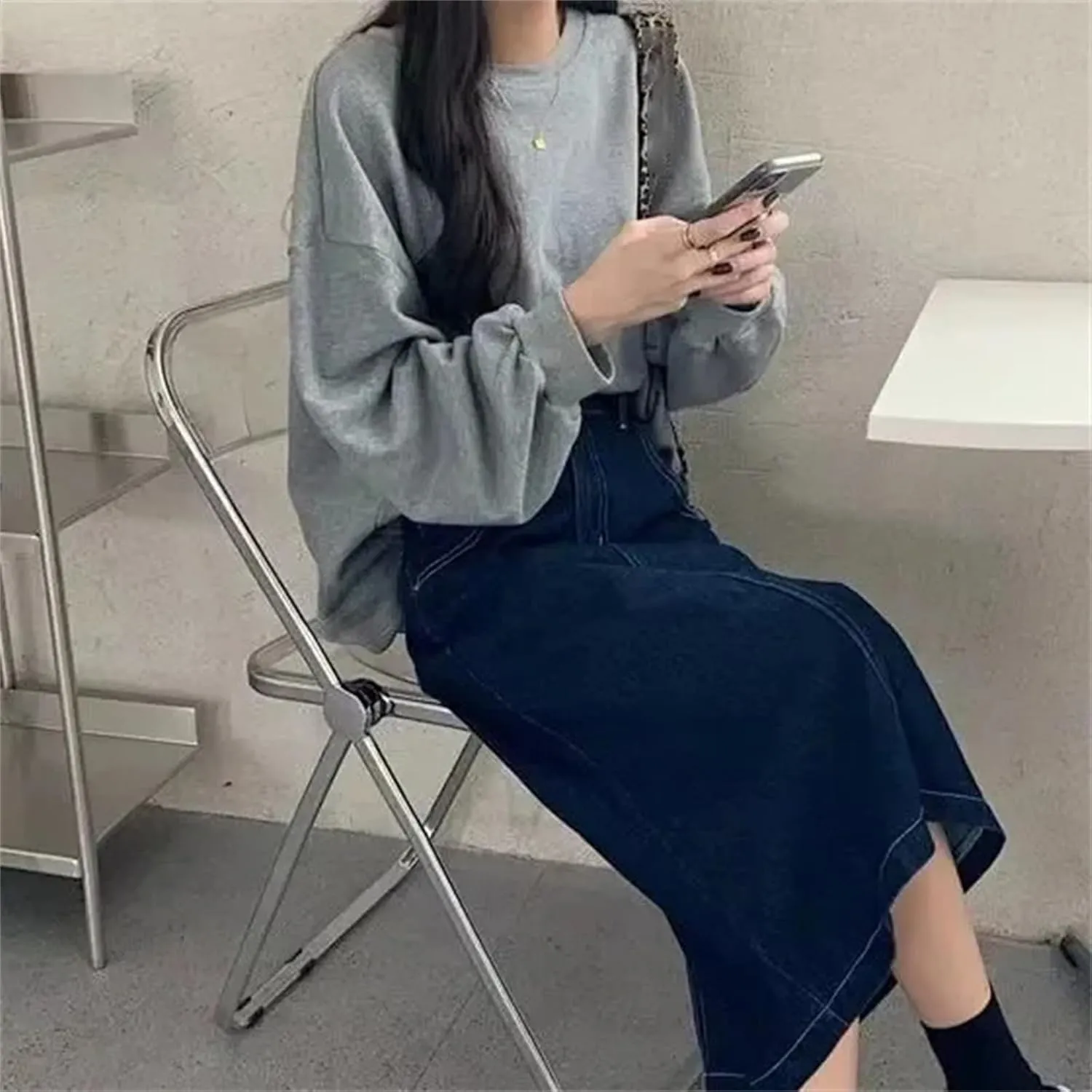 Women's Denim Skirt  High-Waisted Slimming A-Line Medium-Length Summer Fashion Work Dress with Pockets