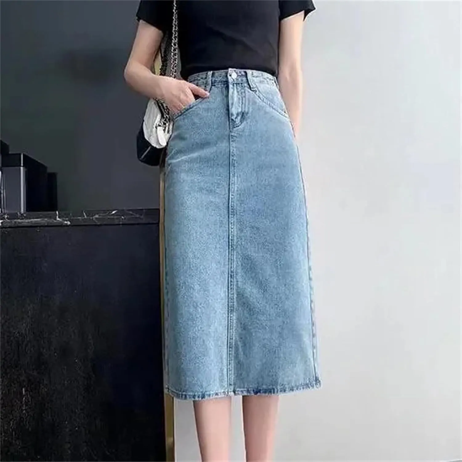 Women's Denim Skirt  High-Waisted Slimming A-Line Medium-Length Summer Fashion Work Dress with Pockets