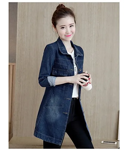 Women's Fall Washed Blue Denim Long Jacket Fashion Front Button Down Jean Coat XS Dark Wash Blue