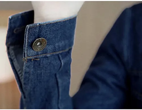 Women's Fall Washed Blue Denim Long Jacket Fashion Front Button Down Jean Coat XS Dark Wash Blue