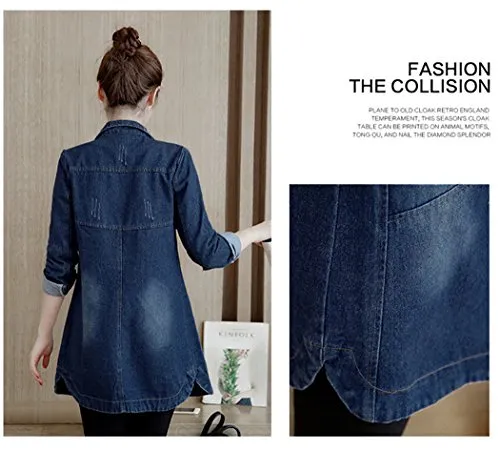 Women's Fall Washed Blue Denim Long Jacket Fashion Front Button Down Jean Coat XS Dark Wash Blue