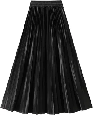 Women's High Waist Pleated Midi Skirts Trendy Elastic Waist A-line Flared Skirt