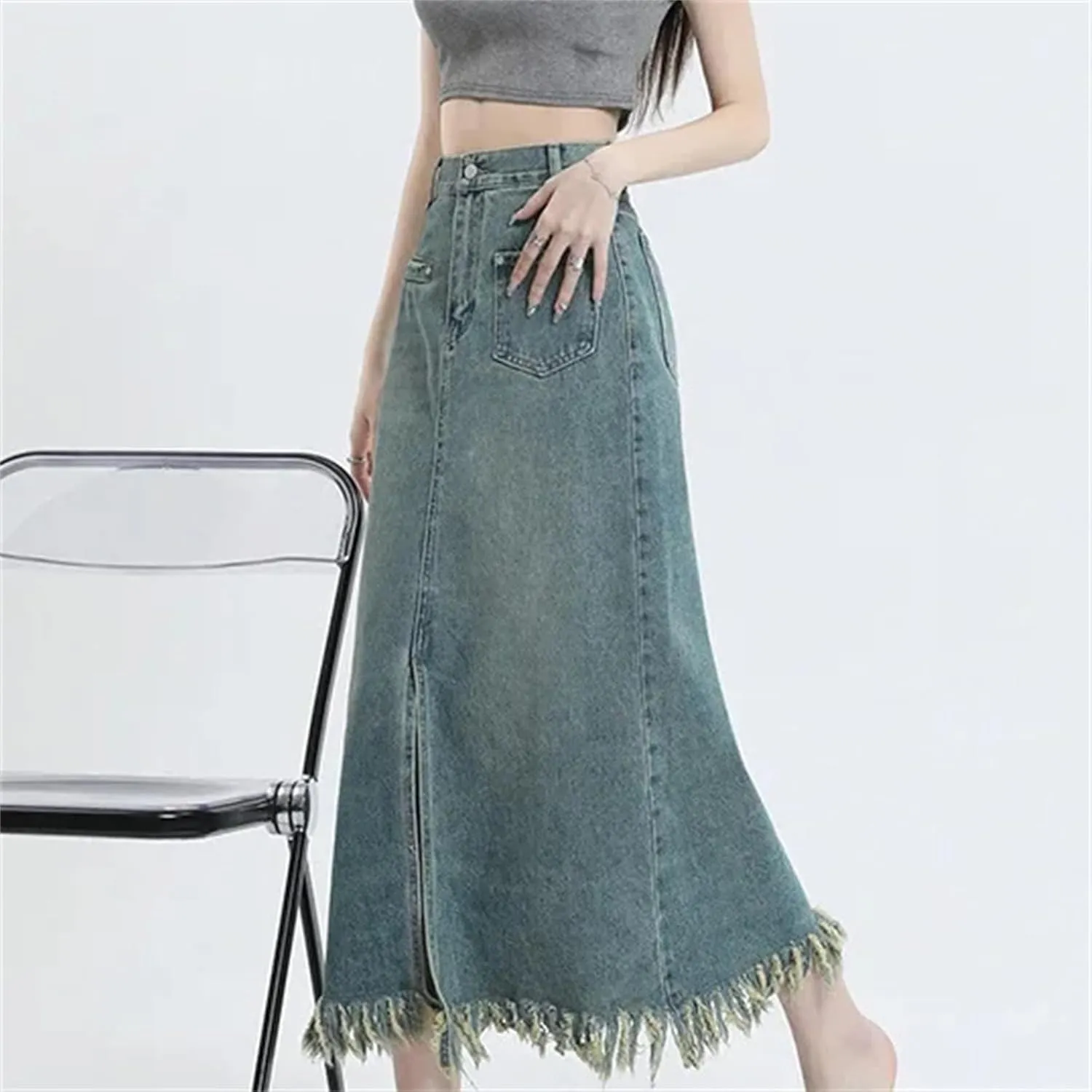 Women's High-Waisted Slimming Denim Skirt  Fringed Side Slit Medium-Length A-Line Casual Summer with Pockets