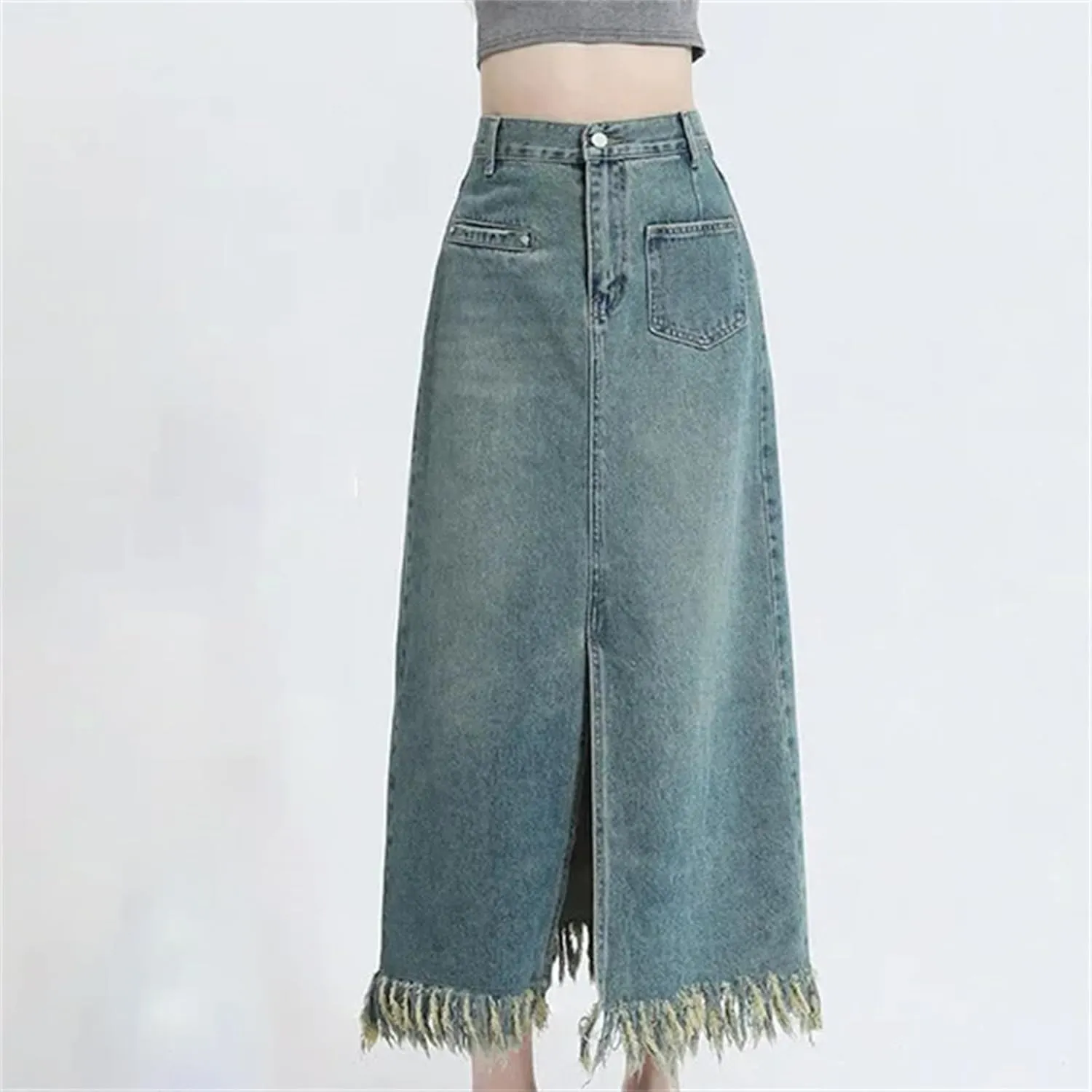 Women's High-Waisted Slimming Denim Skirt  Fringed Side Slit Medium-Length A-Line Casual Summer with Pockets