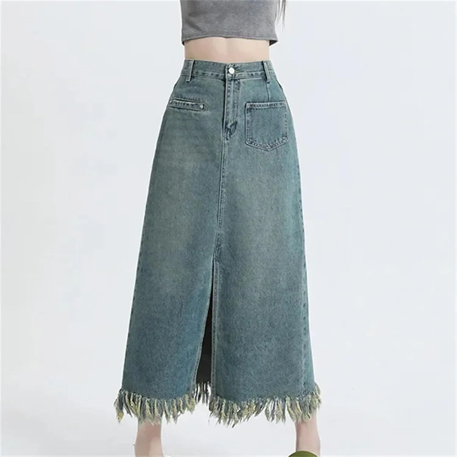 Women's High-Waisted Slimming Denim Skirt  Fringed Side Slit Medium-Length A-Line Casual Summer with Pockets