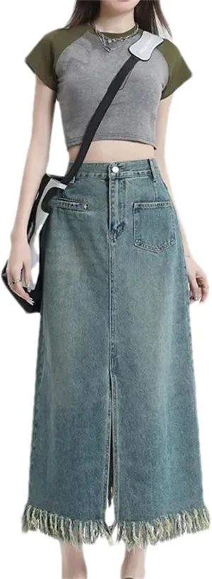 Women's High-Waisted Slimming Denim Skirt  Fringed Side Slit Medium-Length A-Line Casual Summer with Pockets
